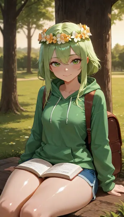 Female, princess, solo, skinny, medium height, long green hair, flower crown, wearing large loose green hoodie and blue shorts, small boobs, big green eyes, shiny eyes, sitting under tree, in park, evening, small backpack beside her, small smile, deep red blush, book on lap, thick thighs, looking behind, looking up at viewer
