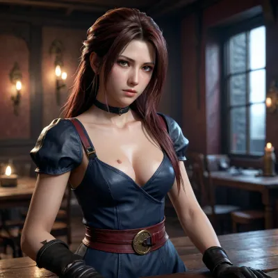 CGI, realistic style, detailed textures, dark brown hair, long hair, serious expression, long navy medieval dress, full breasts, black gloves, black belt, leather bag, dimly lit room, dark red walls, goblets and wine on tables, gold accents, tools in background, soft lighting, reflection on water surface, Tifa looking down, thoughtful mood, video game character, Final Fantasy VII, Tetsuya Nomura, digital art, high resolution, detailed shading, semi-realistic, <lora:Tifa-Lockhart-Pony:.8>