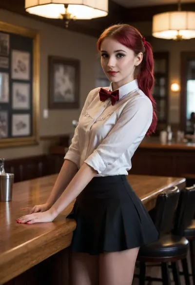 totally exhausted 20 years old waitress, shy pose, ((skinny body)), shy, submissive, submissive smirk, leaning on bar, slender body, big breasts, skirt, natural red pigtail, full body view, shirt with bow tie, black short skirt, ruffled micro skirt, (((close side view))), dark, chiaroscuro, low-key, <lora:zavy-cntrst-sdxl:.8>