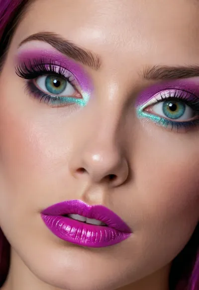 An close-up beauty portrait of a young woman focusing sharply on her eyes and makeup She has multi-tonal dyed hair blending electric cyan, deep purple, and vivid blue. Her pride makeup features iridescent satin eyeshadow with bright lime-green and aqua shimmer on the inner mobile lids, blended out into a vibrant violet-magenta cut-crease and soft lower-lash smoked liner. Her eyes have bright, detailed hazel-green irises with crisp limbal rings and delicate wispy upper lashes. She wears smooth metallic fuchsia lipstick and subtle cheek highlight. She has delicate hyper-feminine facial features and an elegant neckline.. Clean studio portrait lighting, high micro-contrast, 85mm lens, shallow depth of field with soft dark background.