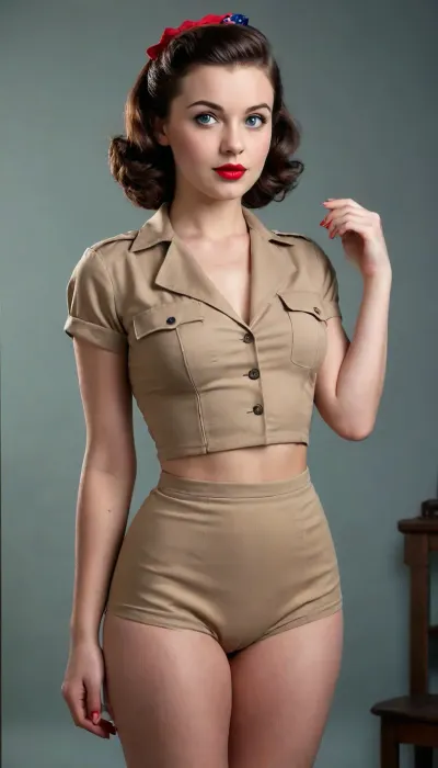 fully clothed, uniform cute, beautiful black 18 year old pinup girl photograph, short brown hair in 1940s style, named mira, with very dark skin and large expressive bright blue eyes, very skinny, tiny breasts, petite figure, lusty red lipstick, sexy, ultra realistic brunette pinup girl, realistic sexy pose, patriotic propaganda, ww2 war moral poster, full body view