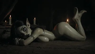 reiq style and Jack cayless art style, masterpiece, best quality, highly detailed, (anime:1.2), BREAK, ((shortstack)), Thick female goblin shaman, lying on the ground in a tribal tent, side view, lying on her stomach, legs wide open, sedated, fearful, worried look, pool of cum, black lipstick, pointy ears, ((tribal occultism symbols on her body)), (sigil on her thick ass), Black hair, ((green skin)), ((thick legs)), ritual, occultism, dark ritual, candels on the floor, dark atmosphere, night, sigils on her body, concept, art, dark night, theme, low, light, only candle light, dramatic light, satanic, (((scary, spooky, occultism, hell, sinful, lust, satanism, nightmare))), ratatatat74, <lora:EnvyBeautyXL02:.5>, <lora:mk_Bp Anime_xl:.5>, <lora:EnvyAnimeDigitalPaintingXL01:.5>, <lora:ratatatat74-000050:.5>, <lora:dark:.4>
