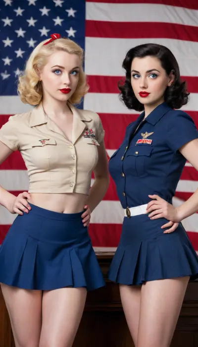 2girls, both wearing in sexy suggestive 1940s era clothes, busy burlesque show for ww2 soldiers, sexy nurse uniform, skirt too short, can see the bottom of one womans bubbly small ass, ((1girl is a beautiful dark black 18 year old ebony pinup girl photograph, short black hair in 1940s style, named mira, with super dark black skin, large expressive bright blue eyes, a thin face, anorexic, tiny breasts, petite figure, lusty lips, sexy, ultra realistic ebony pinup girl 1.4)), ((1girl, fully clothed, uniform cute, beautiful 18 year old pinup girl photograph, short hair in 1940s style, named Greta, with pale skin and large expressive bright blue eyes, very skinny, tiny breasts, petite figure, lusty red lipstick, sexy, ultra realistic blonde pinup girl, realistic sexy pose, patriotic propaganda, ww2 war moral poster, full body view 1.4)), realistic sexy pose, patriotic propaganda, ww2 war moral poster, full body view