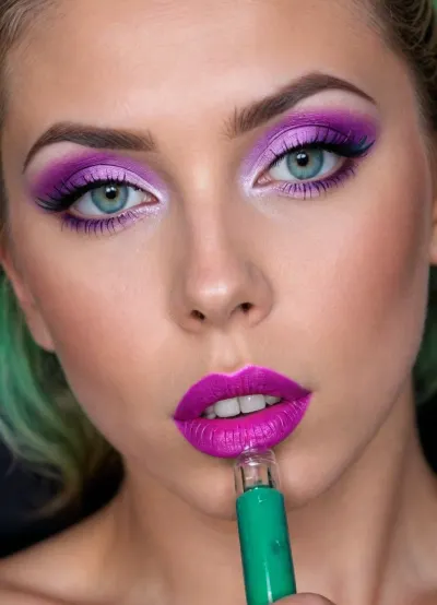 masterpiece, 🐶💦💕🪄, An extreme candid macro photograph focusing on the slightly parted lips of a person holding a green lollipop, An close-up beauty portrait of a young woman focusing sharply on her eyes and makeup She has multi-tonal dyed hair blending electric cyan, deep purple, and vivid blue. Her pride makeup features iridescent satin eyeshadow with bright lime-green and aqua shimmer on the inner mobile lids, blended out into a vibrant violet-magenta cut-crease and soft lower-lash smoked liner. Her eyes have bright, detailed hazel-green irises with crisp limbal rings and delicate wispy upper lashes. She wears smooth metallic fuchsia lipstick and subtle cheek highlight. She has delicate hyper-feminine facial features and an elegant neckline.. Clean studio portrait lighting, high micro-contrast, 85mm lens, shallow depth of field with soft dark background.close up view, horny naughty big penis, female futanari laying in chair, experiment, penis massaging sextoy, penis inside sextoy tube, filled with cum, cum filling up, squirting cum, white liquid inside tubes, innocent young, fucktoy experiment, whole penis inside tube, giant buttplug, anal creampie, overflowing white slime cum, penis ring, penis massage tube, sexy glasses, hair bun, skirt, laboratory, machines, tubes, cables, stockings, artoflips, uoclips, lips, lipstick, art, of, Vacuum, Tube, Light, bulb, orange, and, purple, glow, <lora:Art_Of_Lips_PONY_XL_By_UOC:.8>, <lora:Vacuum Tubes v1.0:1.8>