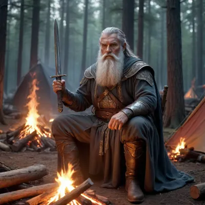 Surrealist art, old norse warrior, long grey beard, holding large sword, forest background, campfire and tents around, 4 other warriors sat around the fires . Dreamlike, mysterious, provocative, symbolic, intricate, detailed night scene