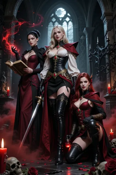 A dramatic dark gothic fantasy illustration depicting the three vampire brides of Strahd together inside an ancient crypt beneath Castle Ravenloft. The scene is cinematic, sinister, decadent and richly atmospheric, lit by red candles, cold moonlight through tall gothic arches, and swirling crimson mist close to the floor. Black stone, skulls, ironwork, scattered rose petals and ornate gothic details fill the background.

On the left stands Ludmilla Vilisevic, an elegant dark-haired vampire scholar and arcane controller. She has very pale skin, refined features, and a cold intelligent expression. Her long dark hair is styled in an aristocratic updo with subtle jewelry. She wears a floor-length burgundy, black and crimson gothic gown with embroidery, fitted sleeves and dark jewelry. She holds an ancient open spellbook in one hand, while the other is raised, surrounded by swirling crimson-black arcane energy like blood magic. She appears composed, calculating and intellectually dangerous.

In the center stands Anastrasya Karelova, the protector and martial guardian of the trio. She is tall, imposing and aristocratically beautiful, with very pale skin and long pale blonde hair in loose braids and waves. Her expression is proud, calm and commanding. She wears a striking black, ivory and dark red duelist outfit, an ivory blouse with voluminous sleeves under a fitted black corseted coat with brocade, gold filigree, red gemstones, a long dark red cloak and tall black leather boots. She carries an elegant ornate rapier held downward at her side. Her posture is upright, controlled and protective, clearly standing as the dominant centerpiece and bodyguard of the three.

On the right crouches Volenta Popofsky, the feral predator of the trio. She has very pale skin, wild dark crimson-red hair, predatory eyes, visible fangs and a cruel delighted grin. She leans forward in an aggressive hunting pose, eager for violence. She wears asymmetrical black and blood-red gothic leather with straps, buckles, fingerless gloves and high leather boots. Small alchemical vials hang from her belt. She grips a bloodstained dagger in one hand and a small glass vial of glowing red liquid in the other. She looks like a vicious vampire assassin and unstable alchemist.

The composition should clearly show their different roles while keeping them visually unified, Ludmilla as arcane intelligence on the left, Anastrasya as the dominant protective centerpiece, and Volenta as the crouching violent predator on the right. Full-body or near full-body composition, slightly low camera angle, painterly realism, highly detailed fantasy illustration, rich gothic horror atmosphere, dark romantic horror, realistic anatomy, no modern elements.
