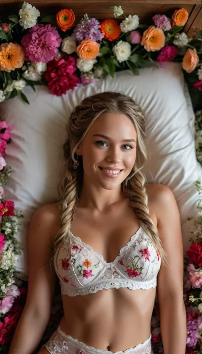 Ultrarealistic, 30 year old, (Hailey Grice:1.5), athletic physique, long braided hair, very large breasts, full makeup, smiling at viewer, perfect teeth, lying on a large bed of flowers. Hand behind her head, Wearing a floral lingerie. Excessive flowers. Flowers all over her, bouquets, dreamy, close up. Top angle. Dutch Angle., <lora:MJ52:.8>