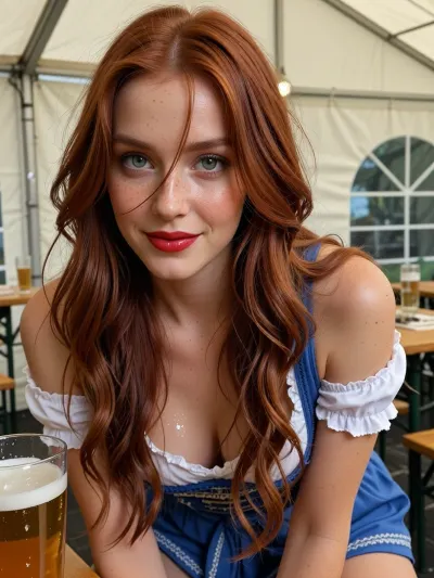 Beer tent interior scene, close-up, beautiful woman, beauty, cute, slim, deep green eyes, red lipstick, (long redhead hair, extremely long hair, wavy hair, tousled hair across face:1), (slight smile:1), freckles, realistic, detailed skin texture, moist skin, (blue and white Bavarian dirndl with short skirt:1.2), sleeves, detailed skin, pale skin