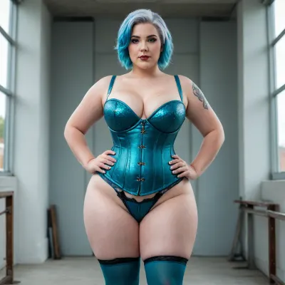 very tall bbw pawg mermaid, huge hips, huge thighs, very thin waist, ((extra saggy bell type breasts)), short blue coloured hair, wearing a underbust corset, full front view image