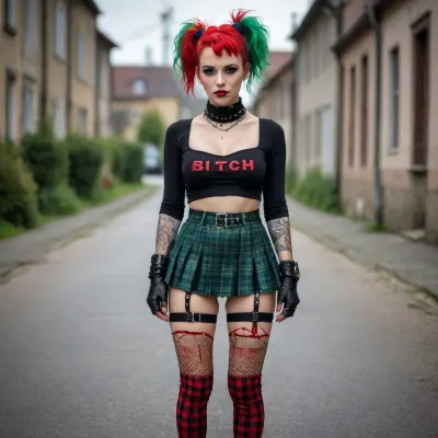 Ein kurviges Punkgirl, mit kleinen brüsten und rotem Irokesehaarschnitt, am Rücken mit "Bitch" tätowiert, einem kurzen, karierten Rock, einer overtstrupmfhose und roten Stiefeln, mit grünen Schnürsenkeln