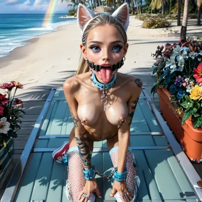 outdoors, (white shore ocean of paradise island:1.4), ((top closeup narrow innocent looking face view:1.8)), (very beautiful perfect face to viewer:1.7), (young low skinny girl with fake implanted spherical big breasts:1.6), (on knees and elbows:1.7), (upper body forward down:1.5), (perfect:1.5), (wide very skinny very flat ass up a little:1.5), (small very beautiful petite woman:1.5), (21 years old Ukrainian model cutie:1.4), (sweaty:1.1), ((short stature slender fit skinny body:1.7)), ((small thin waist:1.7)), ((very large distance between legs:1.7)), (very low pelvic:1.4), (wide shoulders:1.7), (very shapely legs very spread apart:1.7), (nipple ring piercings:1.3), ((detailed perfect light grey-blue eyes:1.7)), (perfect lips), (light white electronic wide mouth spreader ring gag:1.7), ((extremely long wide smooth light tongue out down:1.7)), ((round tongue's end:1.6)), (wide open big mouth:1.7), (light blonde with rainbow smooth silky hair ponytail:1.5), ((very large distance between rounded large spherical breasts:1.7)), (tan fair skin:1.5), thin beautiful eyebrows, (very gorgeous:1.5), (sexy:1.4), (satisfied:1.6), (glowing fluffy silver fake small short cat ears:1.4), (white massive very oversized electronic collar device around very wide short throat:1.5), (tattooed body:1.4), (tattoo:1.3), (seductive sexy makeup:1.5), (long black eyelashes:1.4), lipstick, (stunning:1.3), (dimples:1.4), (white sneakers:1.3), (pink fishnet stockings:1.2), (masterpiece), (sunbathing mat:1.3), (beautiful lawn with low flowers:1.3), (restrained fixed knees and hands on massive platform devise with shackles:1.6), (palm trees:1.1), (bright day:1.3), <lora:Microwaist_XL_v01:1.5>