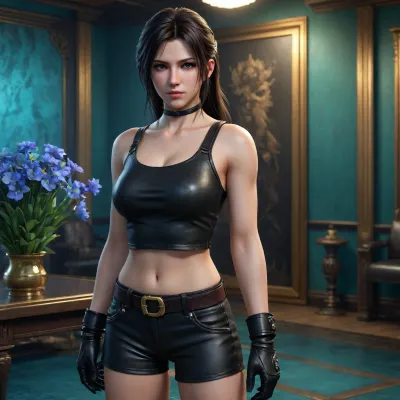 CGI, realistic style, detailed textures, dark brown hair, long hair, serious expression, black crop top, black gloves, black shorts, black belt, leather bag, dimly lit room, teal walls, gold accents, bouquet of blue flowers in background, soft lighting, reflection on water surface, Tifa looking down, thoughtful mood, video game character, Final Fantasy VII, Tetsuya Nomura, digital art, high resolution, detailed shading, semi-realistic, <lora:Tifa-Lockhart-Pony:.8>