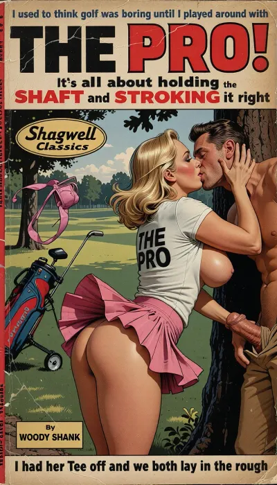 Vintage 1950s pulp paperback novel cover art, highly detailed painterly illustration, chiaroscuro lighting with dramatic deep shadows and high-contrast highlights. A worn, weathered paper texture with creases and aged yellowing. Scene, A lush wooded section of a golf course, fairway and green receding into a soft-focus distance. A mature, chubby blonde woman with large, sagging breasts, wearing a tight white t-shirt with bold black text "THE PRO" and a short pink pleated tennis skirt blowing upward in the wind, revealing her detailed hairy vulva and backside. She is passionately pushing a casually dressed man against a thick tree trunk, kissing him while her hand reaches down to grip his erect penis through his trousers. In the background, a wheeled golf bag stands with a large pink bra snagged on a club, fluttering in the breeze. Typography, Top text in two lines "I used to think golf was boring until I played around with", bold headline "THE PRO!", subheading "It’s all about holding the SHAFT and STROKING it right", publisher "Shagwell Classics" in a vintage oval logo, author box "By WOODY SHANK", bottom caption "I had her Tee off and we both lay in the rough". Art style reminiscent of Robert tasso and classic erotic pulp artists, saturated colors, heavy ink outlines, grainy print quality.