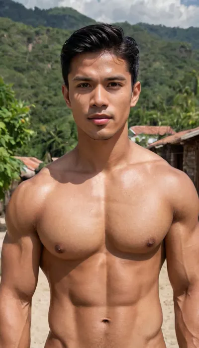 A man, 25 years old, young, Malay, handsome, muscular physique with a chiseled chest, mesomorph body type, fair-skinned, black hair, short hair, his body glistens with sweat, shirtless, naked.

His penis is erect.

Confident facial expression.

In a village, on a sunny day.