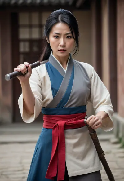 Chinese female mature assassin, ready for battle with nunchaku