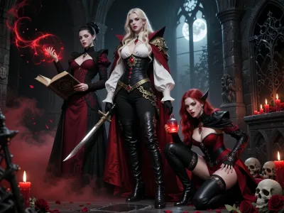 A dramatic dark gothic fantasy illustration depicting the three vampire brides of Strahd together inside an ancient crypt beneath Castle Ravenloft. The scene is cinematic, sinister, decadent and richly atmospheric, lit by red candles, cold moonlight through tall gothic arches, and swirling crimson mist close to the floor. Black stone, skulls, ironwork, scattered rose petals and ornate gothic details fill the background.

On the left stands Ludmilla Vilisevic, an elegant dark-haired vampire scholar and arcane controller. She has very pale skin, refined features, and a cold intelligent expression. Her long dark hair is styled in an aristocratic updo with subtle jewelry. She wears a floor-length burgundy, black and crimson gothic gown with embroidery, fitted sleeves and dark jewelry. She holds an ancient open spellbook in one hand, while the other is raised, surrounded by swirling crimson-black arcane energy like blood magic. She appears composed, calculating and intellectually dangerous.

In the center stands Anastrasya Karelova, the protector and martial guardian of the trio. She is tall, imposing and aristocratically beautiful, with very pale skin and long pale blonde hair in loose braids and waves. Her expression is proud, calm and commanding. She wears a striking black, ivory and dark red duelist outfit, an ivory blouse with voluminous sleeves under a fitted black corseted coat with brocade, gold filigree, red gemstones, a long dark red cloak and tall black leather boots. She carries an elegant ornate rapier held downward at her side. Her posture is upright, controlled and protective, clearly standing as the dominant centerpiece and bodyguard of the three.

On the right crouches Volenta Popofsky, the feral predator of the trio. She has very pale skin, wild dark crimson-red hair, predatory eyes, visible fangs and a cruel delighted grin. She leans forward in an aggressive hunting pose, eager for violence. She wears asymmetrical black and blood-red gothic leather with straps, buckles, fingerless gloves and high leather boots. Small alchemical vials hang from her belt. She grips a bloodstained dagger in one hand and a small glass vial of glowing red liquid in the other. She looks like a vicious vampire assassin and unstable alchemist.

The composition should clearly show their different roles while keeping them visually unified, Ludmilla as arcane intelligence on the left, Anastrasya as the dominant protective centerpiece, and Volenta as the crouching violent predator on the right. Full-body or near full-body composition, slightly low camera angle, painterly realism, highly detailed fantasy illustration, rich gothic horror atmosphere, dark romantic horror, realistic anatomy, no modern elements.