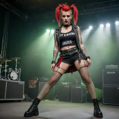 Ein kurviges Punkgirl, mit kleinen brüsten und rotem Irokesehaarschnitt, am Rücken mit "Bitch" tätowiert, einem kurzen, karierten Rock, einer overtstrupmfhose und roten Stiefeln, mit grünen Schnürsenkeln auf einem Punk-Konzert, als Groopy, auf f der Bühne
