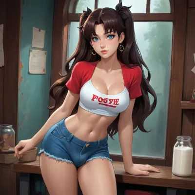 rin tohsaka from fate zero dross style reiq Jane Doe, Zenless zone zero, futanari, with big bulge on shorts, with big balls, with milk on breasts
