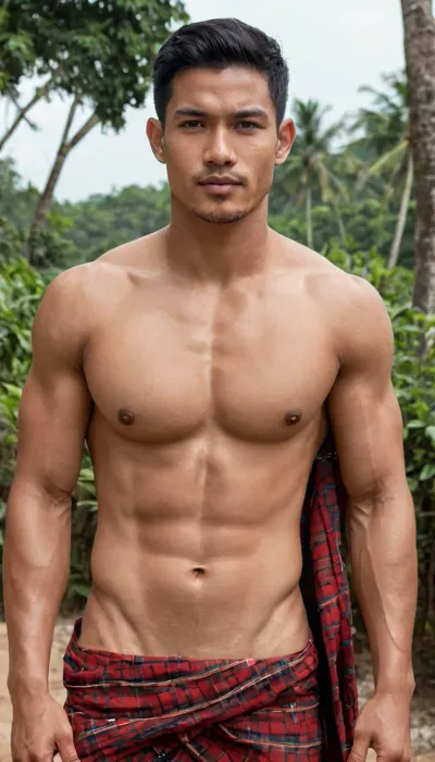 A man, 25 years old, Malay, handsome, chiseled muscular body, light skin, short black hair, shirtless, bodies glisten with sweat.

He is wearing a checkered sarong.

Striking confident poses.

In the village, on a sunny day.

There is a woman next to him, she is sucking his nipples.