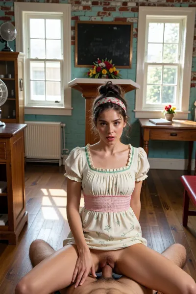 A realistic photograph shows a woman with curly brown hair tied up in a bun and wearing a patterned headband straddling a man in a sparsely furnished room. She is dressed in a pale cream-colored cotton babydoll dress that features short puffed sleeves, a ruffled neckline with green trim, and a thick horizontal band of pink smocking across the ribs. The dress has a light green botanical print and is hiked up above her waist. The woman has a fair complexion, thin eyebrows, and an expressive face showing pleasure, with her mouth slightly open. Below her, the man's chest and hairy thighs are visible, with his penis penetrating her hairy vulva.

The background consists Interior of a quaint, rustic room with teal-painted brick walls and wooden pews. Sunlight streams through two large, white-framed windows on either side, casting bright, rectangular patterns on the polished wooden floor. In the center, a simple wooden pulpit with a white top is adorned with a vibrant bouquet of red and yellow flowers. Above the pulpit, a dark chalkboard is mounted on the wall. To the left, a wooden cabinet with glass doors and a small fan on top, and to the right, a wooden desk with an open book and a small pot of yellow flowers. A radiator is visible under the left window, and a red bench is partially visible on the right.

The scene is bathed in natural, warm sunlight, creating strong highlights and shadows that emphasize the textures of the wood and brick. The overall mood is peaceful and serene, with a touch of vintage charm.

Medium shot, eye-level perspective, capturing the depth of the room with a slight focus on the central elements. Photorealistic, high detail, sharp focus, vibrant colors, cinematic quality.