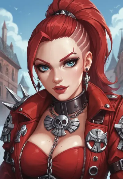 Silent sister Jenetia Krole of warhammer 40, crimson razor-cut ponytail