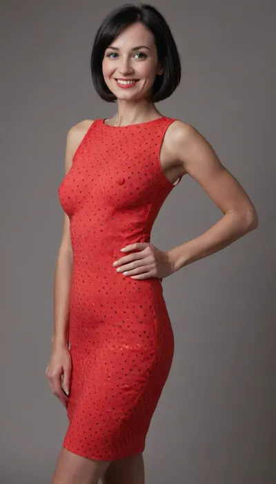 40yo beautiful woman, slim body, perfect face, slender, glamorous, smiling, wearing a red polka with white dot dress, medium sagging breasts, long neck, sharp geometric black bob, full body, <lora:updated_saggy_slim:.8>, <lora:longnipsxl:1>