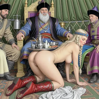 This is a detailed colorful colors pencils drawing in a classical illustrative style depicts a humiliation scene set in a medieval green tent of the Mongol in the tent of the Mongol Khan.bright, colorful colors, top view, At the center, old man-Mongol Khan piece sits on the throne, dressed in period-style clothing with layered garments and a sash, There are nobles on either side of the throne. very beautiful submissive Russian blonde woman hourglass figure 30 yo, She stands sideways in front of the throne, She's naked except for red morocco boots is on all fours with on knees and elbows with her ass up on the the floor with legs slightly apart, There is a silver tray of food on the woman's back, on silver traya are silver vessel and bowls for koumiss, very beautiful woman with large developed saggy breasts, a high-born lady, an hourglass figure, a slender body, with a long braid and a richly decorated with jewels ribbon on her head, her discarded clothes lie at her feet, she has just been stripped, ((her ass are visible)), ((curvy body, wide hips)), ((the Mongol Khan and his nobles grin lasciviously at the lady's body with Mocking mockery)), ((she is demonstrates her completely naked body:1.5)), (tall motherly body), fertile body, voyeuristic. The overall style is a black and white pencil drawing, capturing a candid moment.The scene has a formal, organized atmosphere. The overall mood is intense, rendered in fine, expressive line work and subtle shading, evoking the style of 1950s satirical or moralistic illustrations.