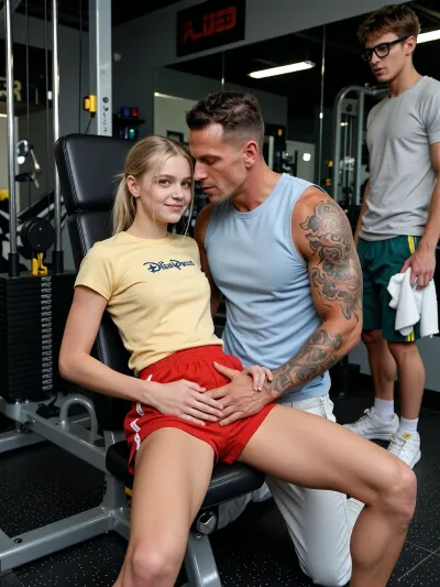 A highly detailed photorealistic cinematic scene inside a modern professional fitness studio, three adults only, realistic strength machines, cable stations, mirrors, rubber flooring, weight stacks and training equipment filling the background, a 33 years old male personal trainer kneels directly in front of a 19 years old blonde woman seated on a chest training machine, she sits with her legs naturally apart and her forearms resting against the padded supports, extremely beautiful, youthful, innocent looking and visibly inexperienced, with highly detailed facial features, natural skin texture, soft flushed cheeks, bright blue eyes, a shy delighted smile, lowered chin and an admiring upward glance through her lashes, her expression affectionate, fascinated and openly captivated by him, blonde hair tied back, sporty slender figure, loose yellow Disneyland T shirt and wide cut red athletic shorts, the trainer kneels close between her knees, one large hand resting firmly high on her inner thigh over the fabric near her hip while his second hand rests above her chest along the upper ribcage and shoulder line, confidently holding and correcting her posture, strong consensual intimacy without explicit contact, his face close to hers, calm masculine authority, heavily tattooed, extremely muscular physique, massive arms, powerful legs, angular masculine face, wearing a fitted pale blue sleeveless training shirt and light gray balloon fabric track pants with a slightly glossy technical sports texture, at the far edge of the frame stands her 18 years old boyfriend, completely separated with no physical contact, shy, slender and fragile, narrow shoulders, thin arms, thin almost stilt like legs, black glasses, short tousled blond hair, light gray T shirt, dark green 1970s athletic shorts, white socks, vintage sneakers, holding a white towel, watching silently with stunned uncertainty, strong visual contrast between the trainers massive mature physique and the boyfriends delicate build, cinematic directional gym lighting, shallow depth of field with all three faces readable, realistic anatomy, subtle film grain, ultra detailed skin, eyes, hands, tattoos and facial expressions