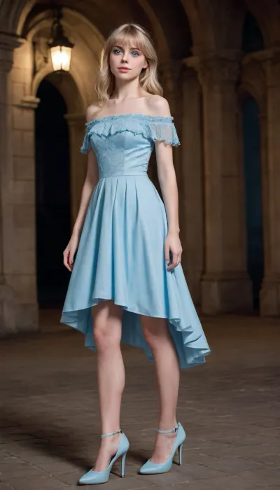 1 Girl, ((18 Years old, FULL BODY, Clonated face)), ((FLAT CHEST, Skinny, Petite, Shapely legs)), ((Big bright Light blue eyes, Playful gaze)), ((Medium hair, Side Fringe, Straight hair, Light blonde)), ((Elegant blue off-the-shoulder Victorian-style dress. Open-toed high heels. Feet clearly visible)), In an elegant, dark Gothic-style castle with neon lights. At night, ENTIRE BODY SHOWING, OPEN LEGS, CINEMATIC STYLE, EXTREME WIDE SHOT, full figure in frame, Cinematic style, The lighting is cinematic, Realistic and atmospheric, Epic scale, realistic textures, volumetric shadows, 8k resolution, highly detailed. Cinematic lighting, photorealistic, deep depth of field with crowd blur, shot on high end smartphone camera, raw photo.