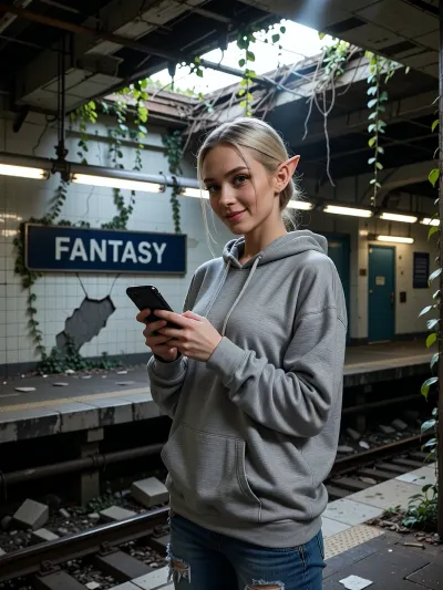 Ultra detailed depiction, professional photograph, realistic. Sharp focus on her beautiful face and perfect hands.
A beautiful elf woman, standing in a metro station, holding a smartphone, her eyebrows lifted slightly in surprise, a soft, spontaneous smile forming on her lips, her eyes wide and bright as she looks directly into the camera. Soft natural makeup. Her pointed ears clearly visible through her sleek pale-blond hair, neatly tucked back. She wears an oversized grey hoodie, ripped jeans.
Behind her, a subway station sign with a dark-blue background reads "FANTASY" in white bold letters, mounted on a cracked tiled wall.
The station is half in ruins, reclaimed by nature. The ceiling is broken open, revealing the sky above. Thick vines cascade down from the broken ceiling, spreading across the walls and over the tracks below. Rubble and fallen concrete are scattered across the platform.
A sharp shaft of daylight cuts down through the broken ceiling, brightly illuminating one side of her face while the other falls into soft shadow, mixing with the cool fluorescent glow still lit along the station walls.