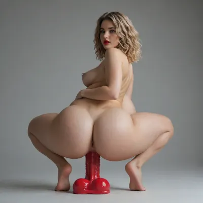 short girl, perky breasts, nipple piercings, big pregnant belly, enormous ass, (fat ass), wobbly ass, red lipstick, long blonde wavy hair, naked, thick thighs, on her knees, squatting on a big dildo