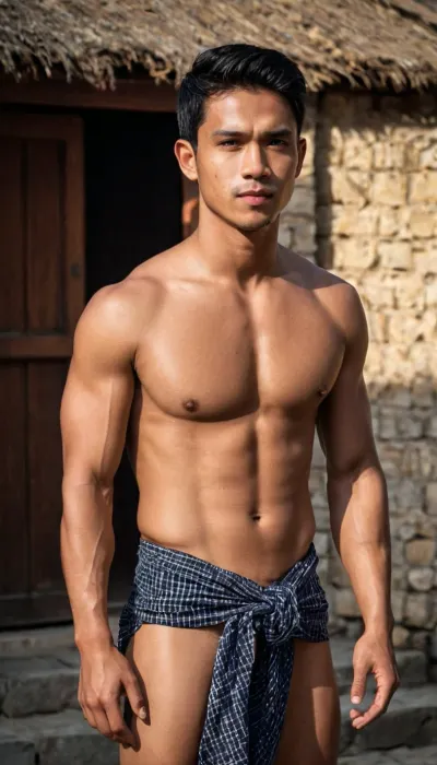A man, 25 years old, Malay, handsome, mesomorph body type with chiseled chest, light skin, short black hair, shirtless, bodies glisten with sweat.

He is wearing a checkered sarong.

Striking confident poses.

In the village, on a sunny day.