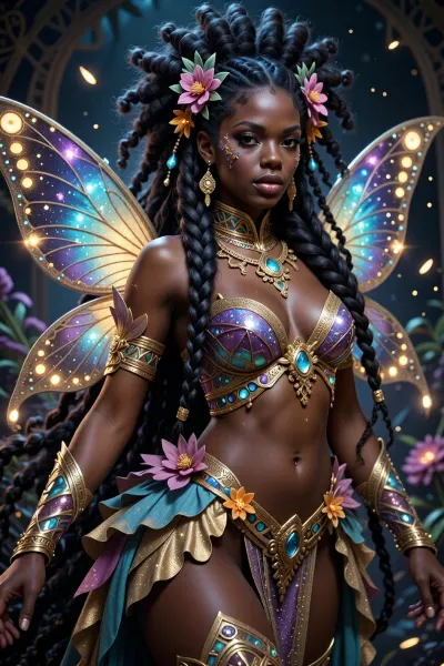 magical Nigerian fairy queen with long flowing tribal afro braids woven with glowing flowers. Wearing an enchanting fantasy carnival costume with sparkling butterfly wings and gold dust. Mystical atmosphere, hyper-detailed fantasy art style, vibrant colors, 4k.