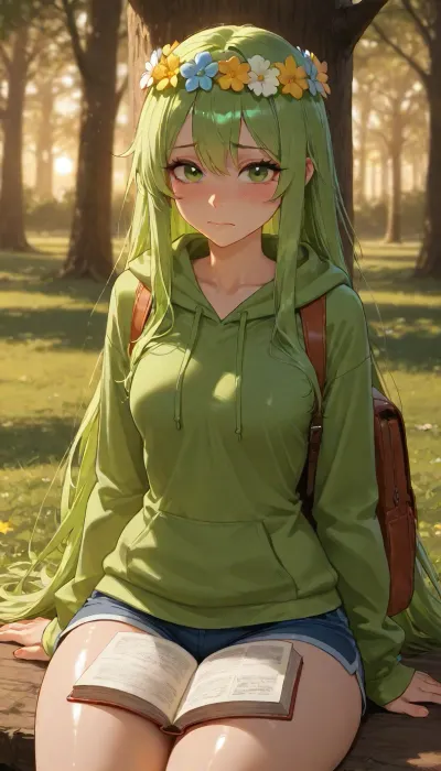 Female, princess, solo, skinny, medium height, long green hair, flower crown, wearing large loose green hoodie and blue shorts, small boobs, big green eyes, shiny eyes, sitting under tree, in park, evening, small backpack beside her, funny scared, flustered, book on lap, thick thighs, looking at viewer