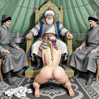 This is a detailed colorful colors pencils drawing in a classical illustrative style depicts a scene set in a medieval green tent of the Mongol in the tent of the Mongol Khan.bright, colorful colors, top view, At the center, old man-Mongol Khan piece sits on the throne, dressed in period-style clothing with layered garments and a sash, There are nobles on either side of the throne. very beautiful submissive Russian blonde woman hourglass figure 30 yo, in front of the throne, facing the king, she naked is on all fours with on knees and elbows with her ass up on the the floor with legs slightly apart, her butt and open sphincter is visible, very beautiful woman, a high-born lady, an hourglass figure, a slender body, with a long braid and a rich ribbon on her head, her discarded clothes lie at her feet, she has just been stripped, ((her ass are visible)), ((curvy body, wide hips)), ((the Mongol Khan and his nobles grin lasciviously at the lady's body)), ((she is demonstrates her completely naked body:1.5)), (tall motherly body), fertile body, voyeuristic. The overall style is a black and white pencil drawing, capturing a candid moment.The scene has a formal, organized atmosphere. The overall mood is intense, rendered in fine, expressive line work and subtle shading, evoking the style of 1950s satirical or moralistic illustrations.