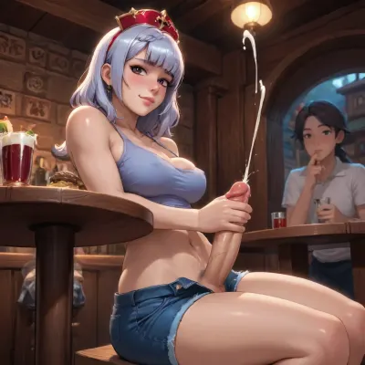noelle genshin impact from genshin impact dross style reiq meets toned tomboy futanari sitting at circular table, profile, low angle, (stealth masturbation), tight tanktop, unzipped unbuttoned jean shorts, cumshot, (cum on underside of table), in crowded bar, intense orgasm, medium soft tits, no bra, muscular thighs, stoic, smirk, flushed, (looking at viewer), shared secret, fat meaty cock, natural pubic hair, eye contact with viewer