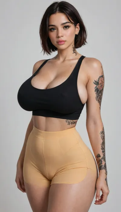 super thick, latina, (tattoos:1.9), focus on gorgeous detailed face, realistic, hair to shoulders, simple background, babe, thick, feminine, sexy lips, make up, huge saggy heavy breasts, thick legs and hips wider than square, big very heavy breasts, hair to shoulder, bangs, huge saggy boobs, sexy tank top, pink and or yellow, hyper tight yoga shorts super wide hips, high thigh socks, thick legs, blush, Pbrunette, gorgeous babe, bombshell, thick thighs, very wide hips from thin waist, white background, detailed face, narrow waist, wide hips, <lora:SDXL_MassiveCowsLoRA_v1:.5>, <lora:milkers_v2:.8>