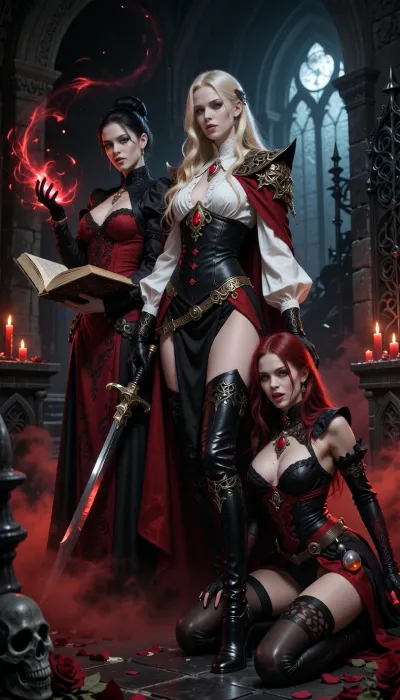 A dramatic dark gothic fantasy illustration depicting the three vampire brides of Strahd together inside an ancient crypt beneath Castle Ravenloft. The scene is cinematic, sinister, decadent and richly atmospheric, lit by red candles, cold moonlight through tall gothic arches, and swirling crimson mist close to the floor. Black stone, skulls, ironwork, scattered rose petals and ornate gothic details fill the background.

On the left stands Ludmilla Vilisevic, an elegant dark-haired vampire scholar and arcane controller. She has very pale skin, refined features, and a cold intelligent expression. Her long dark hair is styled in an aristocratic updo with subtle jewelry. She wears a floor-length burgundy, black and crimson gothic gown with embroidery, fitted sleeves and dark jewelry. She holds an ancient open spellbook in one hand, while the other is raised, surrounded by swirling crimson-black arcane energy like blood magic. She appears composed, calculating and intellectually dangerous.

In the center stands Anastrasya Karelova, the protector and martial guardian of the trio. She is tall, imposing and aristocratically beautiful, with very pale skin and long pale blonde hair in loose braids and waves. Her expression is proud, calm and commanding. She wears a striking black, ivory and dark red duelist outfit, an ivory blouse with voluminous sleeves under a fitted black corseted coat with brocade, gold filigree, red gemstones, a long dark red cloak and tall black leather boots. She carries an elegant ornate rapier held downward at her side. Her posture is upright, controlled and protective, clearly standing as the dominant centerpiece and bodyguard of the three.

On the right crouches Volenta Popofsky, the feral predator of the trio. She has very pale skin, wild dark crimson-red hair, predatory eyes, visible fangs and a cruel delighted grin. She leans forward in an aggressive hunting pose, eager for violence. She wears asymmetrical black and blood-red gothic leather with straps, buckles, fingerless gloves and high leather boots. Small alchemical vials hang from her belt. She grips a bloodstained dagger in one hand and a small glass vial of glowing red liquid in the other. She looks like a vicious vampire assassin and unstable alchemist.

The composition should clearly show their different roles while keeping them visually unified, Ludmilla as arcane intelligence on the left, Anastrasya as the dominant protective centerpiece, and Volenta as the crouching violent predator on the right. Full-body or near full-body composition, slightly low camera angle, painterly realism, highly detailed fantasy illustration, rich gothic horror atmosphere, dark romantic horror, realistic anatomy, no modern elements.