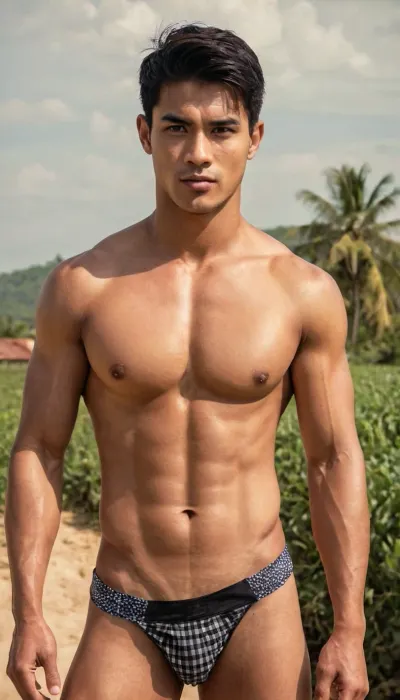 A man, 25 years old, young, Malay, handsome, muscular physique with a chiseled chest, mesomorph body type, fair-skinned, black hair, short hair, his body glistens with sweat, shirtless.

Wearing a checkered sarong.

Confident facial expression.

In a village, on a sunny day.

He is masturbating.