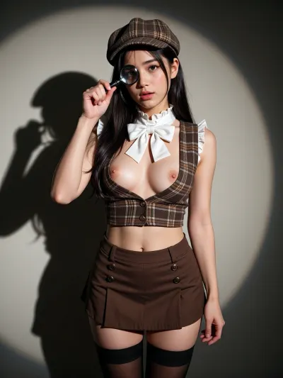 masterpiece, best quality, ultra-detailed, 1girl, solitary, east asian japanese face, long dark hair, brown plaid flat cap, detective style, holding small magnifying glass in front of eye, peering through lens, unbuttoned brown plaid cropped vest, naked tits, white ruffled collar, large white bow tie, brown miniskirt with buttons, no panties, sheer black thigh-high stockings, cute standing, studio setting, dramatic spotlight circle backdrop, large dark shadow cast on wall behind subject, high contrast lighting, photorealistic, 8k resolution, professional studio photography