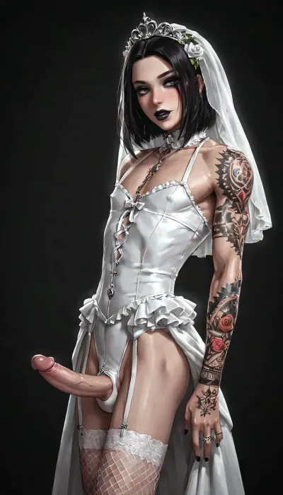 one 22yo adult dominant gay-bride prayer position near church garden gates, very tall male-bride, ((very broad-body half-clad in bridal dress)), solo picture side view, close up, crossdress focus, big bicep male in dress, goth makeup, ((nice very huge penis:1)), muscular burly chest bodyshape, long slender torso, strong body, net stockings, athletic, crossdressing, at church gardens, sunlit ceremony, ((long leg slender)), ((shimering tattooed skin)), androgynous very friendly and mature female face, (thick ring around shaft of penis), opaque open dress, 4ng3l, face, <lora:bodybuilder:.8>, <lora:Thigh_gap_SDXL:.8>, <lora:SDXL_BetterFaces-LoRA_v1:.8>, <lora:dark:.8>