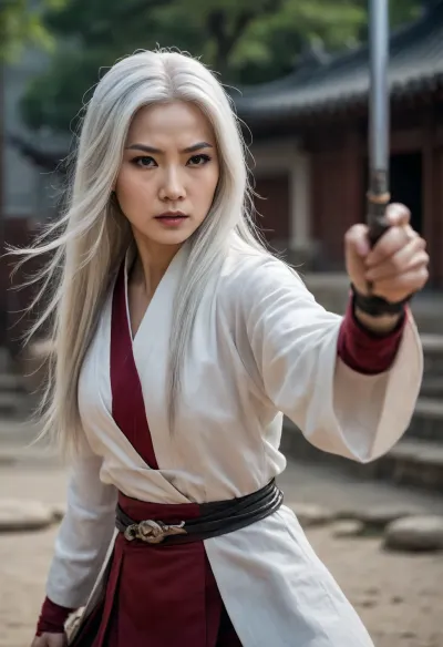 Chinese female assassin. Mature. Long white hair, ready for battle with nunchaku.full view