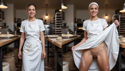 A highly detailed photorealistic diptych showing the identical adult woman, 28 years old, in exactly the same bakery work outfit, hairstyle, accessories and bakehouse environment in both panels, she is a cheerful baker with a soft feminine face, healthy sturdy build, natural body proportions and a warm approachable presence, wearing traditional white bakery work clothing consisting of a simple white work dress and a long white apron reaching well below the knees, lightly dusted all over with flour, with traces of flour across the apron, sleeves, skirt, hands and a little on her cheeks and hair, her hairstyle practical yet flattering, left panel photographed at normal eye level inside a working bakery kitchen surrounded by wooden worktables, trays of dough, sacks of flour, metal racks, baking tools, warm ovens and softly glowing bakery lighting, she notices the viewer and reacts with genuine pleasant surprise, bright eyes, a warm spontaneous smile and an almost flirtatious cheerful expression, relaxed lively body language, right panel showing the exact same woman, same white work dress, same long white apron, same flour covered appearance and same bakery environment from an extreme floor level frog perspective, she looks directly downward into the lens with joyful anticipation and a playful smile, lifting and swirling the hem of her work dress and apron upward in a clearly staged consensual fashion gesture so her opaque fitted underwear becomes visibly presented beneath the moving fabric, no nudity, no explicit exposure, dramatic upward perspective emphasizing the layered white fabrics, her legs, the movement of the apron and her direct downward gaze, perfect identity consistency between both panels, identical facial structure, body proportions, outfit, accessories, lighting and surroundings, ultra refined facial rendering, detailed irises, crisp eyelashes, visible pores, soft natural skin sheen, subtle flour dust clinging realistically to skin and fabric, highly detailed hands and fingers, realistic flour texture on clothing and exposed skin, extremely detailed textile rendering with visible weave, seams, stitching, hem construction, folds, creases and tension lines, premium high resolution rendering, razor sharp micro detail, realistic warm bakery light, subtle analog grain, cinematic realism, full frame photographic quality and exceptionally rich material detail throughout