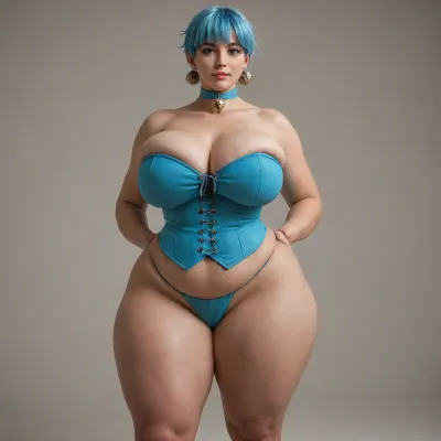 very tall bbw pawg, huge hips, huge thighs, very thin waist, ((extra saggy bell type breasts)), short blue coloured hair, wearing a underbust corset, full front view image