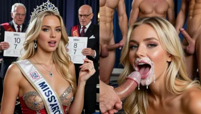 score_9, score_8_up, score_7_up, absurd_res, hi_res, Photorealistic horizontal split-screen, left half and right half completely independent.
Blank space divisor.

LEFT HALF, Miss universe contest, a Young blonde woman miss universe wearing a miss universe Classic outfit is receiving a queen crown, on the background the three old men Judges are giving her the grade 10, No oral actions, no cock, no cum on the left half.

RIGHT HALF, the same young blonde woman is surrounded by the same three old men judges. The men are naked with the penises erected surrounding the blonde girl. The girl is the hot miss universe and she is sitting on the floor doing a gang blowing. Her face, lips and chin are covered with thick white cum from the first frame and the cum stays on her face the entire time. She greedily sucks the cock, looking at the camera with a happy pleasure expression, moving her mouth on the cock and smearing the cum. No speaking, no dialogue, only soft wet sucking sounds and her quiet pleasure breathing. No counter, no uniform visor actions.

LEFT half = active flirty gesturing, leaning closer, energetic monologue. RIGHT half = only continuous gang blowjob with permanent cum and pleasure. The two halves never exchange actions, faces, or sound. Strict real-time normal speed.

Pure visual video, absolutely no subtitles, no text, no captions.
