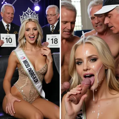 score_9, score_8_up, score_7_up, absurd_res, hi_res, Photorealistic horizontal split-screen, left half and right half completely independent.
Blank space divisor.

LEFT HALF, Miss universe contest, a Young blonde woman miss universe wearing a miss universe Classic outfit is receiving a queen crown, on the background the three old men Judges are giving her the grade 10, No oral actions, no cock, no cum on the left half.

RIGHT HALF, the same young blonde woman is surrounded by the same three old men judges. The men are naked with the penises erected surrounding the blonde girl. The girl is the hot miss universe and she is sitting on the floor doing a gang blowing. Explosive ejaculations targeting the semen on Her face, lips and chin. She greedily sucks the cock, looking at the camera with a happy pleasure expression, moving her mouth on the cock and smearing the cum. No speaking, no dialogue, only soft wet sucking sounds and her quiet pleasure breathing. No counter, no uniform visor actions.

LEFT half = active flirty gesturing, leaning closer, energetic monologue. RIGHT half = only continuous gang blowjob with permanent cum and pleasure. The two halves never exchange actions, faces, or sound. Strict real-time normal speed.

Pure visual video, absolutely no subtitles, no text, no captions.