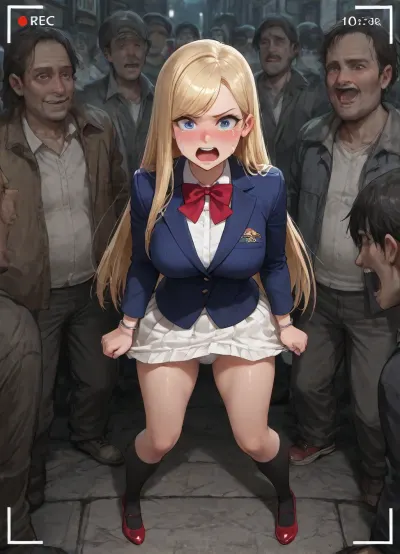 Nsfw, gangbang, enf, perfect face, masterpiece, (big eyes:1.2), ((the girl is 18 Years old French girl dressed in white panties and white skirt and Navy blue blazer and white shirt and red bow tie and Black socks and red shoes and Silver ring bracelet), , , blue eyes, (blonde hair:1.3), (forehead:1.3), (swept bangs:1.4), long hair, (natural straight hair:1.3), (blushing:1.2), (crying:1.4), (angry:1.2), (scream:1.2), open mouth, shouting, French face, furrowed brow, (medium breast), , , standing, open legs:1.3), long shot, city street, (recording:1.2), (homeless man:1.6), (homeless oldmen crowd:1.4), scared Up skirt, (the smiling man is dressed suit:1.7)