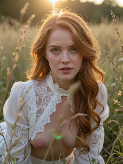 Fine art photography, David Hamilton aesthetic, soft diffusion, heavy analog grain, Kodak Portra 160, warm golden tones, heavily overexposed, lens flare and light bloom consuming the upper frame.

Close-up with a focus on her tiny breasts, A beautiful woman in a wild meadow, on hands and knees, medium looks at the viewer, expression surrendered and receptive, completely still, very long wavy redhead hair loose and falling, deep green eyes, white Victorian lace blouse, high neck, open, delicate detail.


Wild meadow grasses and cow parsley surrounding her, the stems soft and dissolving in the foreground, a single strong light source blazing from above and behind, The light the entire subject, she is secondary to it, warm gold and olive green dissolving into each other, the blonde hair and the golden light indistinguishable at the edges, overexposed and ethereal, the meadow barely holding its form, the light finding her and consuming everything around her.