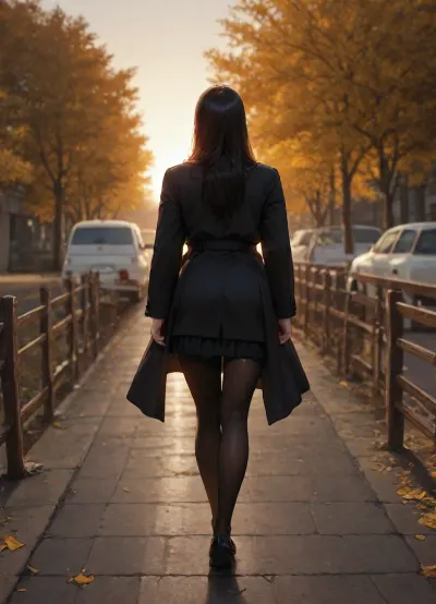 masterpiece, best quality, absurdres, newest, highres, very aesthetic, photorealistic, 1girl, solo, mature female, adult, from behind, walking away, full body, long hair, straight hair, black hair, hair over face, black coat, oversized coat, black jacket, short skirt, black skirt, ruffled skirt, miniskirt, black pantyhose, black tights, black shoes, loafers, sidewalk, asphalt, curb, wooden fence, fog, mist, morning, sunrise, golden hour, backlight, rim light, cinematic lighting, depth of field, street, road, car, white car, taillights, trees, autumn, outdoors, detailed background, intricate details