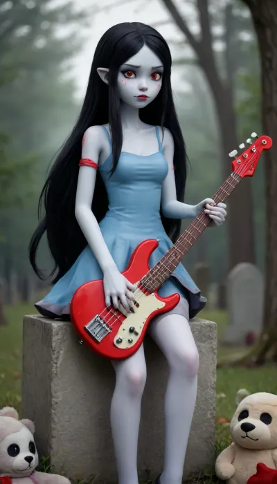 Vampire fantastic chubby drees upskirt queen, adventure time, 20 years oldy, realistic Marceline Abadeer, ((pale SKY blue/grey skin)), long black hair, red eyes, flying with her bass-axe. Atmospheric lighting, vibrant colors, detailed.
"Vampire Marceline from Adventure Time, playing her bass-axe, vamp fly, simple background.
Marceline from Adventure Time sitting on a grave with her teddy bear Hambo uwuu, sad, nostalgic scene, muted colors, high quality. Breats Bimbo, hot horny, massive boobs